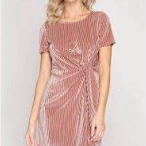 She + Sky Mauve Blush Stripped Corduroy Front Knot Tie Midi Dress Sz. L NWT